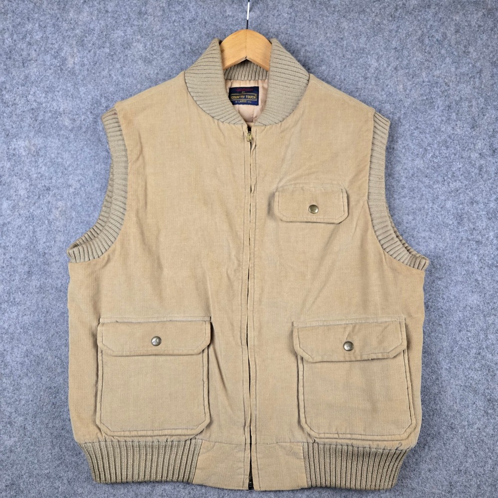 Vtg 70s Country Touch Corduroy Vest Mens‎ L Tan Quilted Trim Workwear Western